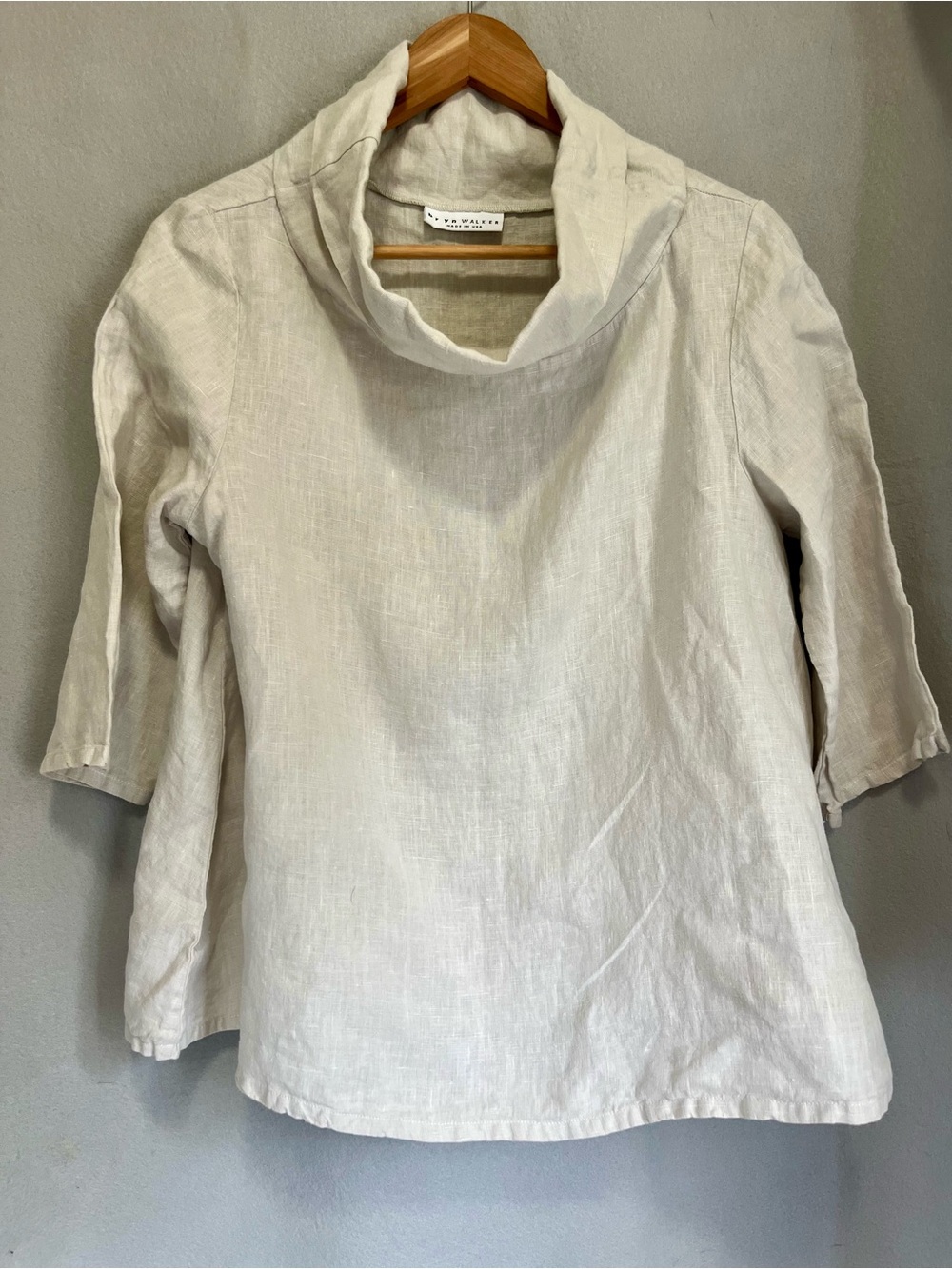 Bryn Walker 100% Linen Cowl Neck Top Made in USA Ivory 3/4 Sleeve Lagenlook